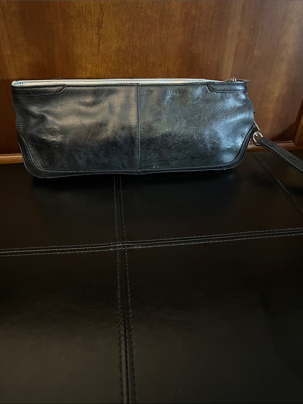 Classic Black Leather Wristlet Clutch